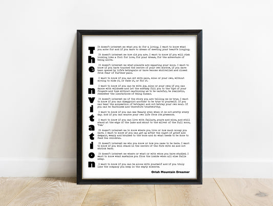 Oriah Mountain Dreamer The Invitation poem print with vertical title in a black frame, white background