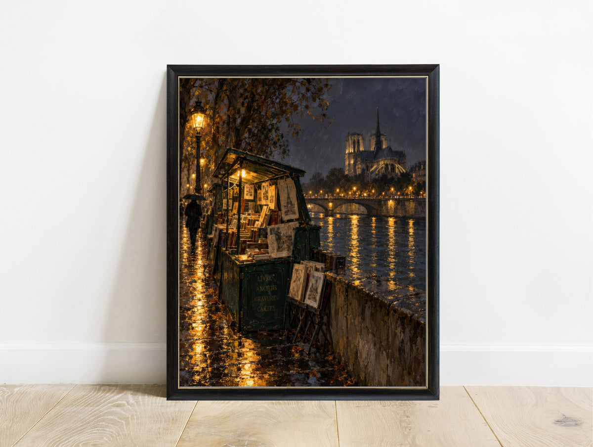 Green bouquiniste bookstall by the Seine on a rainy night with Notre Dame lit up, dark academia oil painting print in a black frame