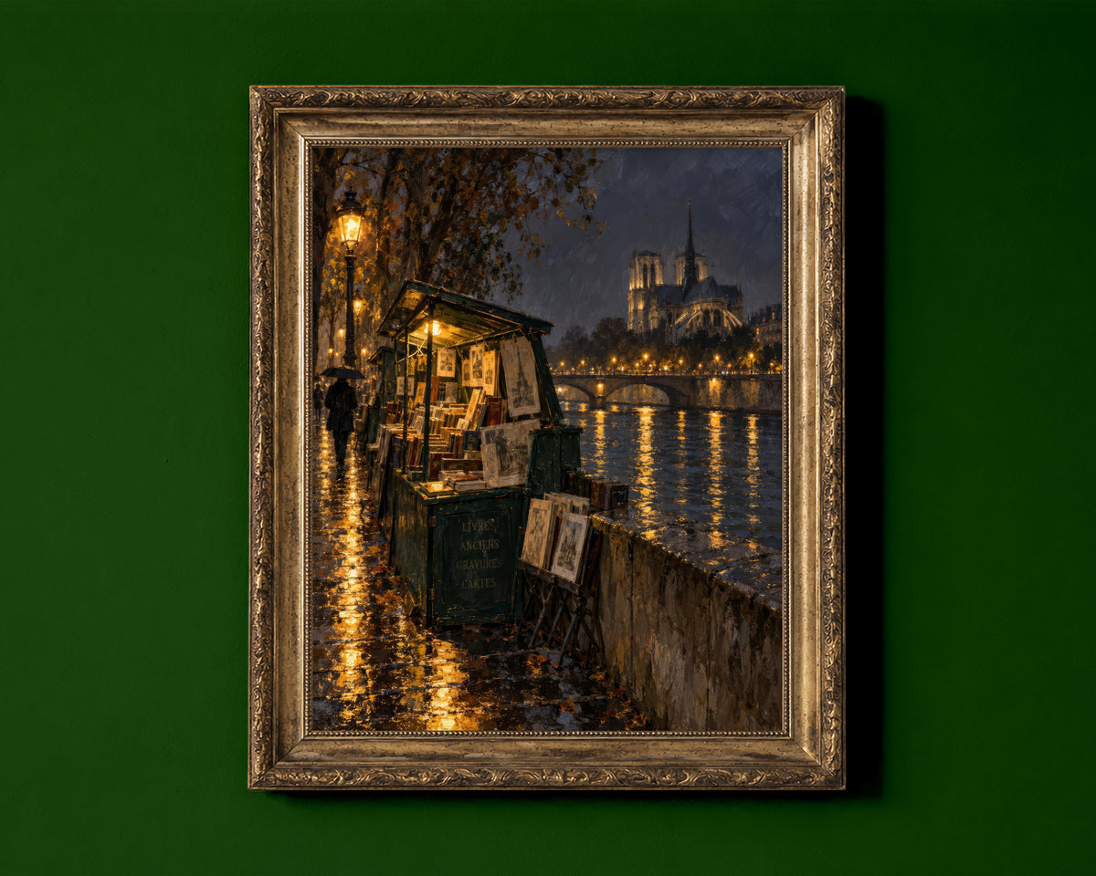 Green bouquiniste bookstall by the Seine on a rainy night with Notre Dame lit up, dark academia oil painting print shown in a gold frame for display only; framed prints are sent in a black frame