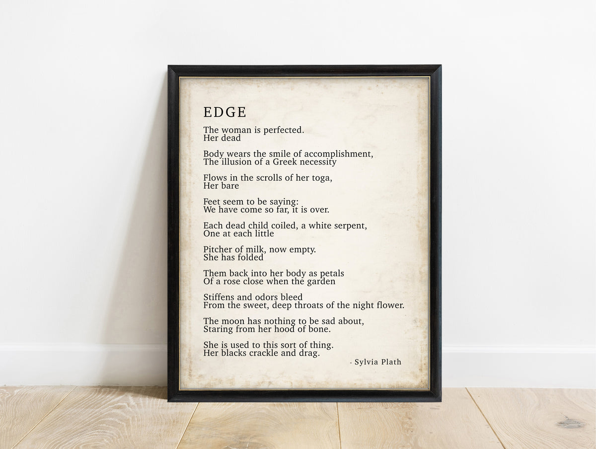 Sylvia Plath Edge full poem typewriter print in a black frame, vintage background