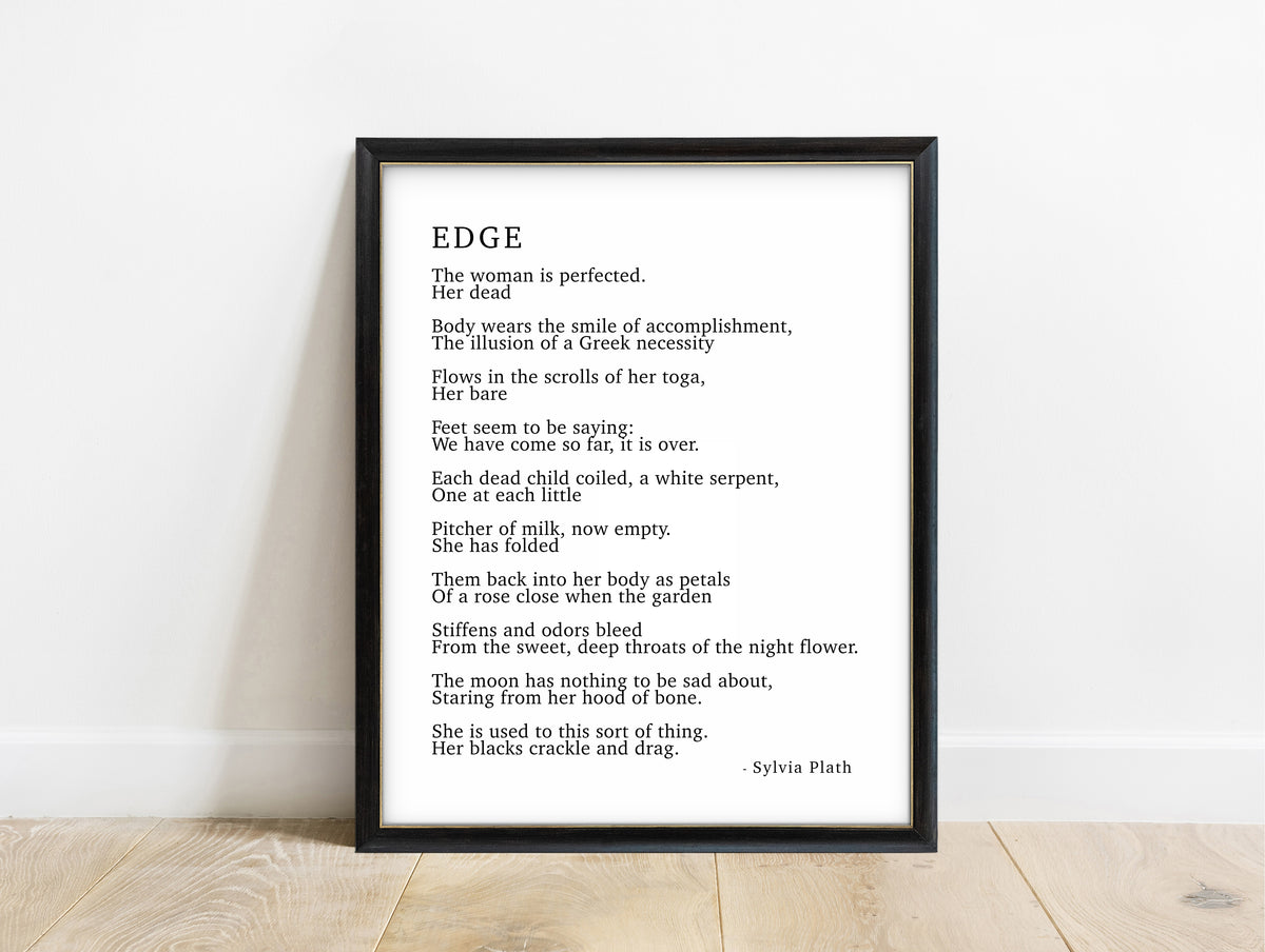 Sylvia Plath Edge full poem typewriter print in a black frame, white background