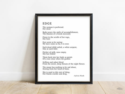 Sylvia Plath Edge full poem typewriter print in a black frame, white background