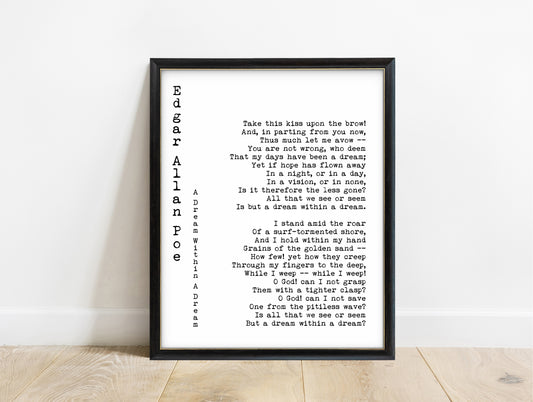 Edgar Allan Poe A Dream Within a Dream vertical name poem print in a black frame, white background