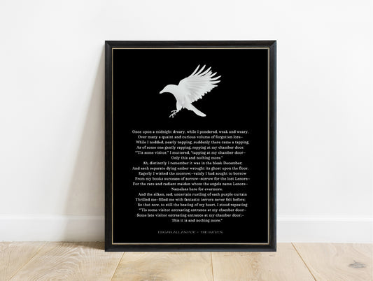 Edgar Allan Poe The Raven opening stanzas poem print with raven illustration in a black frame, black background