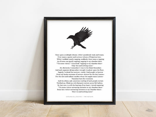 Edgar Allan Poe The Raven opening stanzas poem print with raven illustration in a black frame, white background
