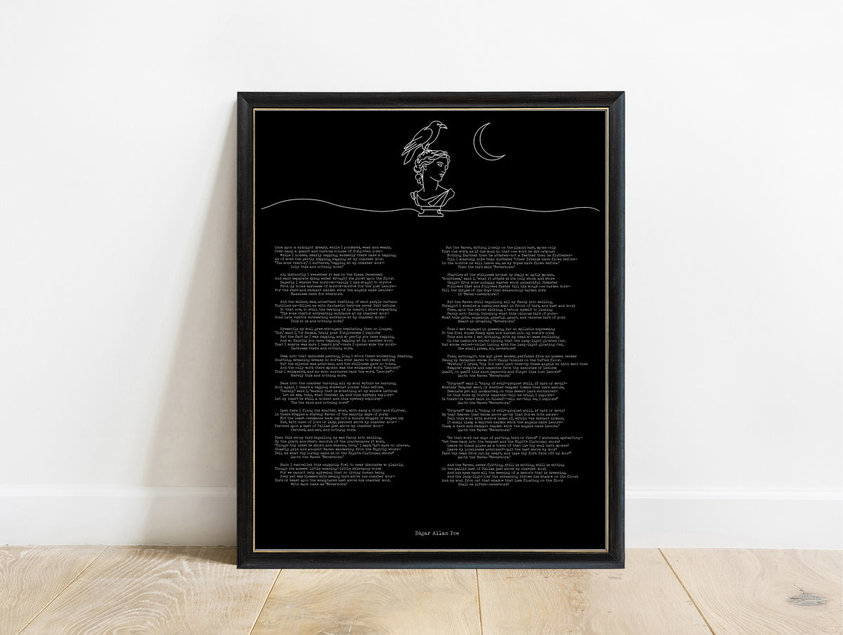 Edgar Allan Poe The Raven full poem with a raven on a bust of Pallas, line art, in a black frame, black background