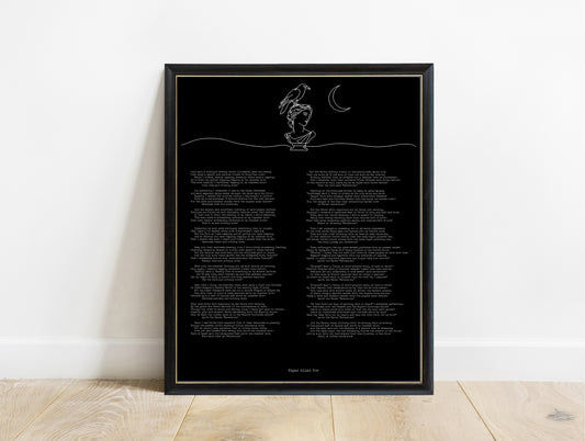 Edgar Allan Poe The Raven full poem with a raven on a bust of Pallas, line art, in a black frame, black background