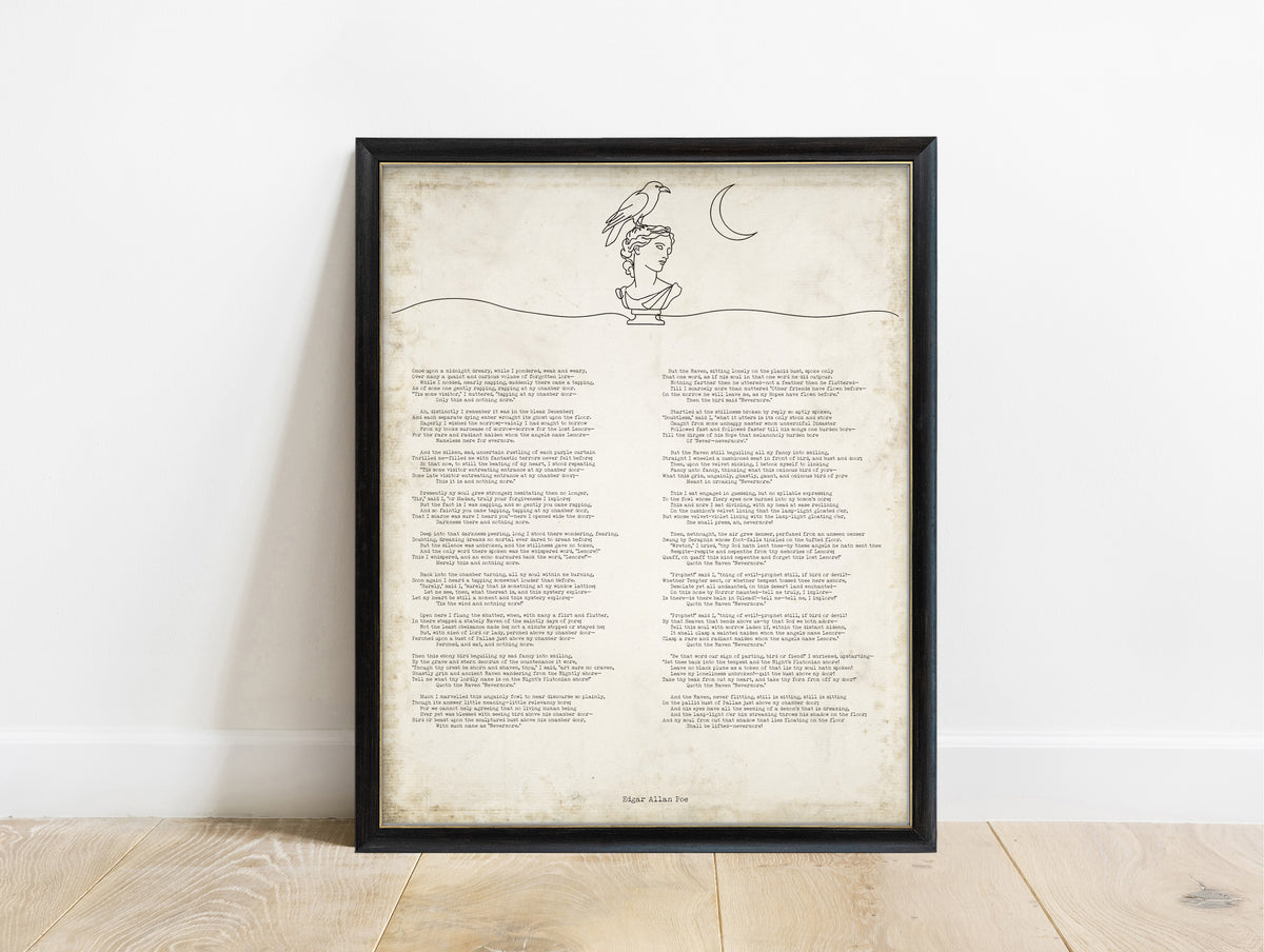 Edgar Allan Poe The Raven full poem with a raven on a bust of Pallas, line art, in a black frame, vintage background