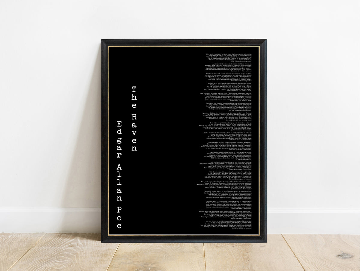 Edgar Allan Poe The Raven vertical title full poem print in a black frame, black background
