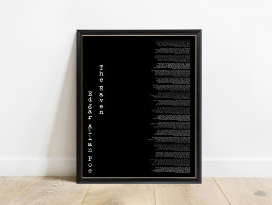 Edgar Allan Poe The Raven vertical title full poem print in a black frame, black background