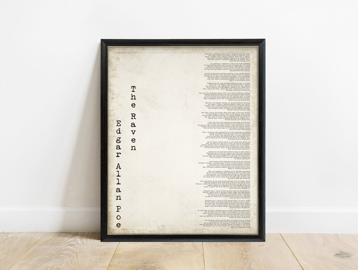 Edgar Allan Poe The Raven vertical title full poem print in a black frame, vintage background