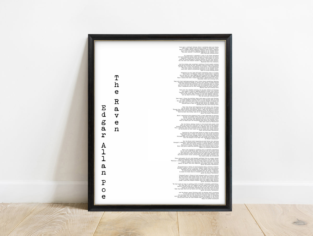Edgar Allan Poe The Raven vertical title full poem print in a black frame, white background