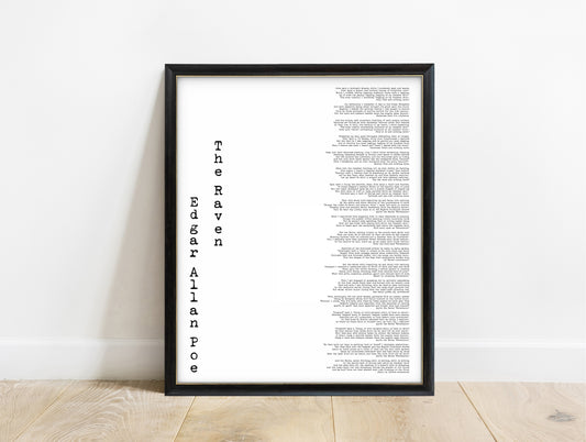 Edgar Allan Poe The Raven vertical title full poem print in a black frame, white background