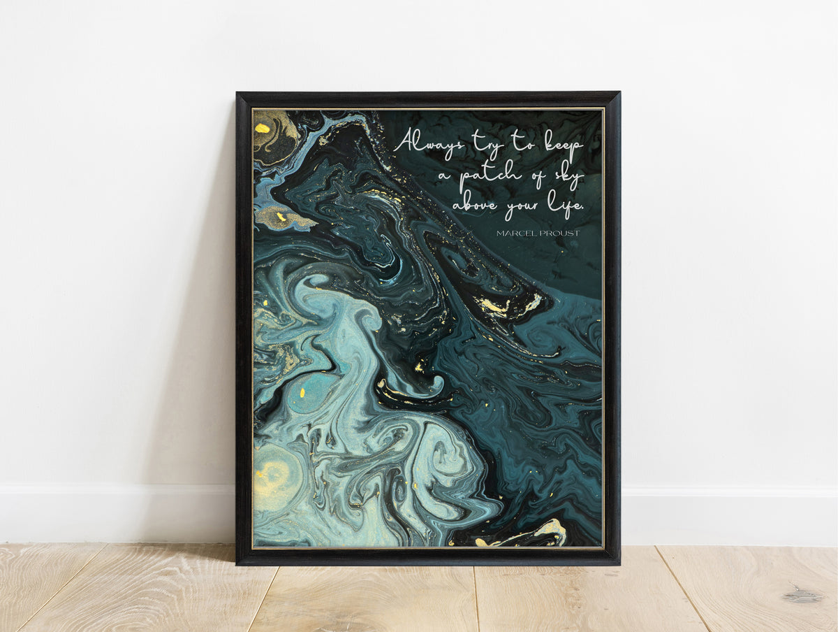 Marcel Proust patch of sky quote print on teal and gold marble, in a black frame