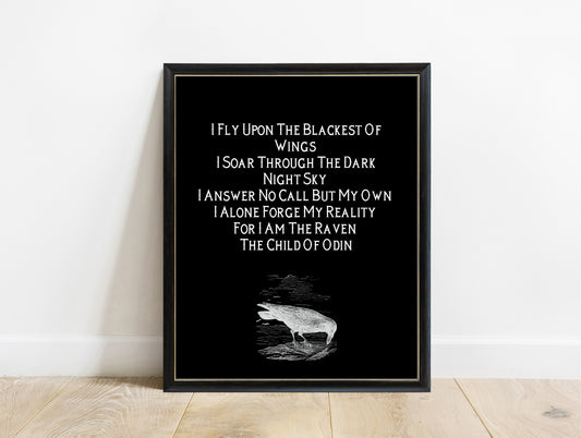 Child of Odin raven poem print with vintage raven engraving in a black frame, black background