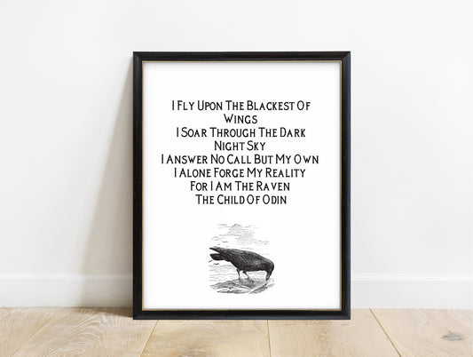Child of Odin raven poem print with vintage raven engraving in a black frame, white background