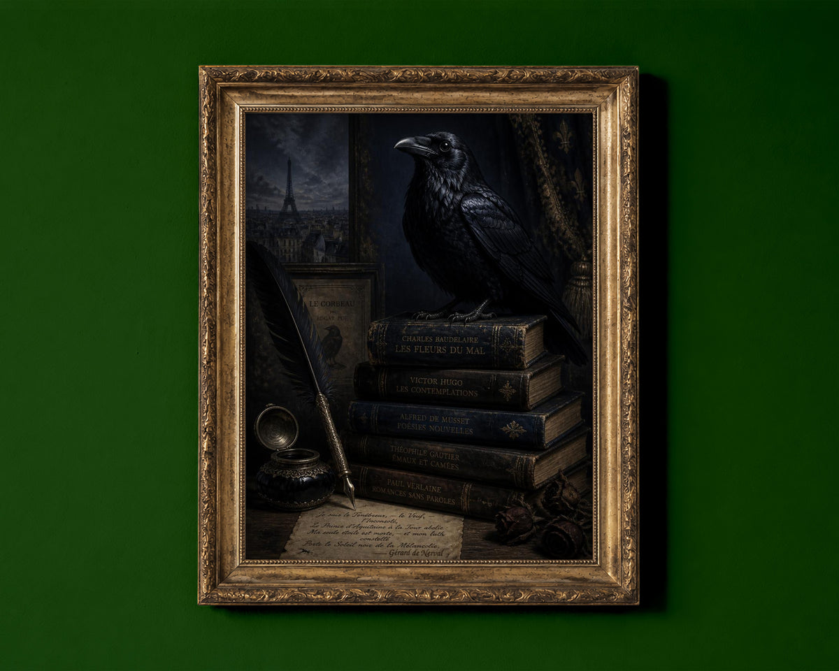 Raven on a stack of French poetry books with a quill, candle and Nerval note, dark academia print shown in a gold frame for display only; framed prints are sent in a black frame