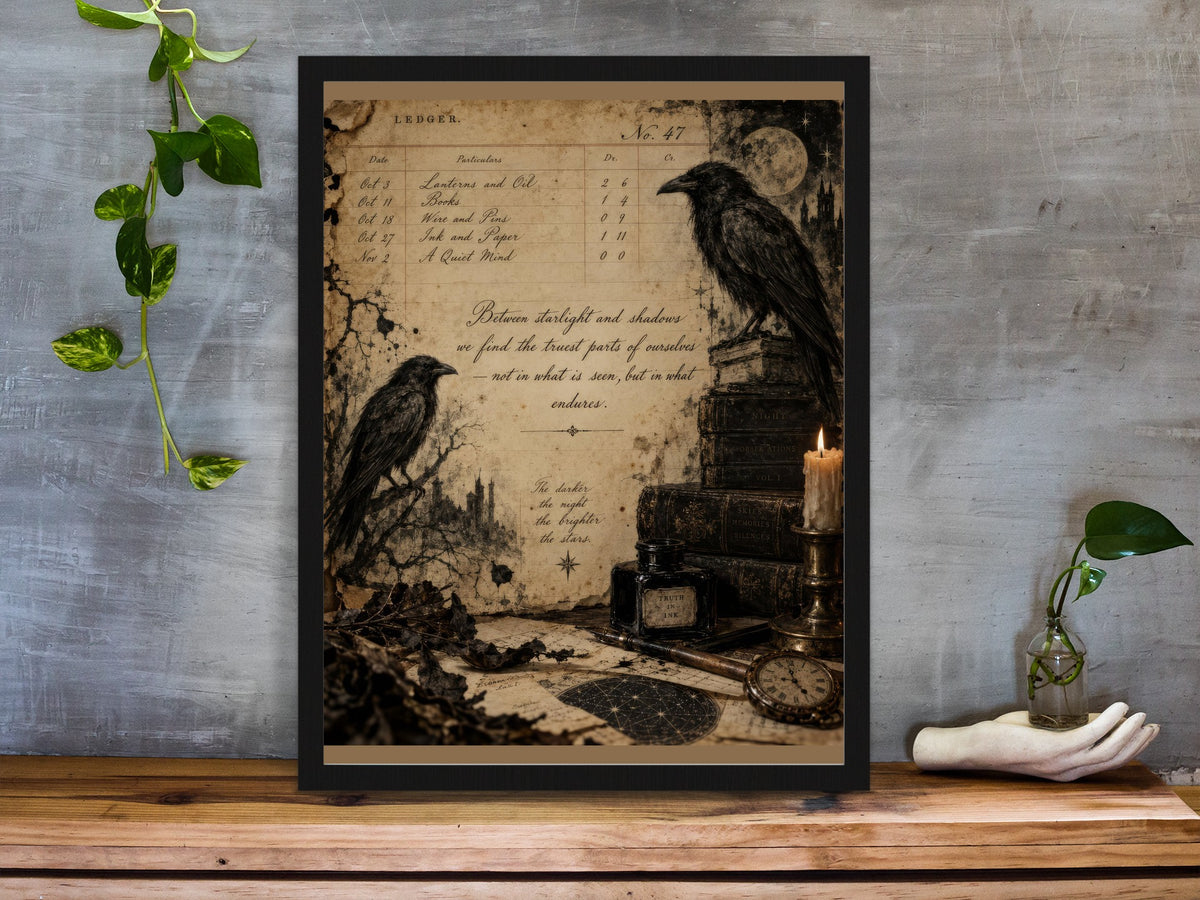 Two ravens with an old ledger page, books, candle and moon, dark academia print framed on a desk