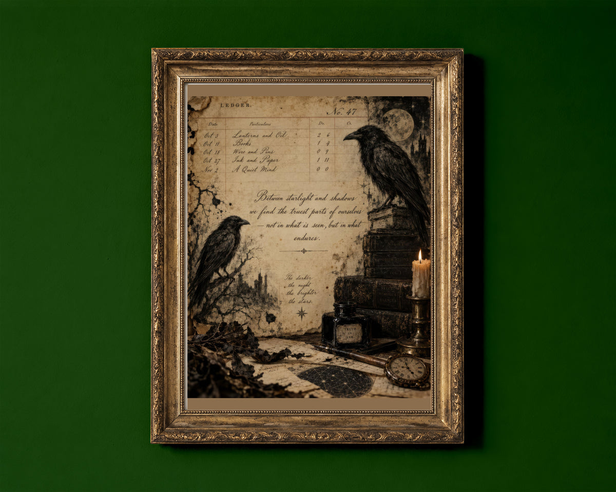 Two ravens with an old ledger page, books, candle and moon, dark academia print shown in a gold frame for display only; framed prints are sent in a black frame