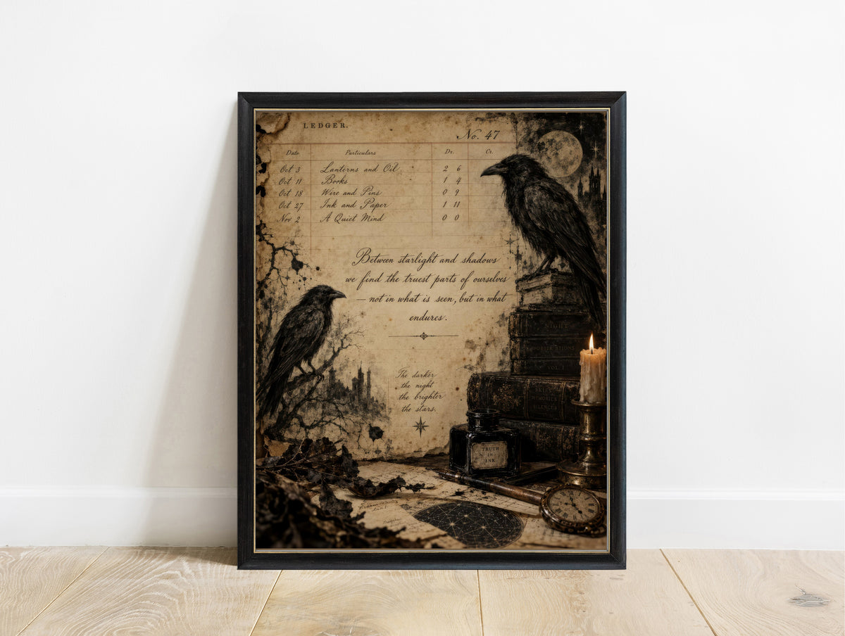 Two ravens with an old ledger page, books, candle and moon, dark academia print in a black frame