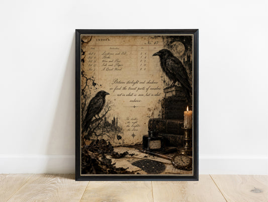 Two ravens with an old ledger page, books, candle and moon, dark academia print in a black frame