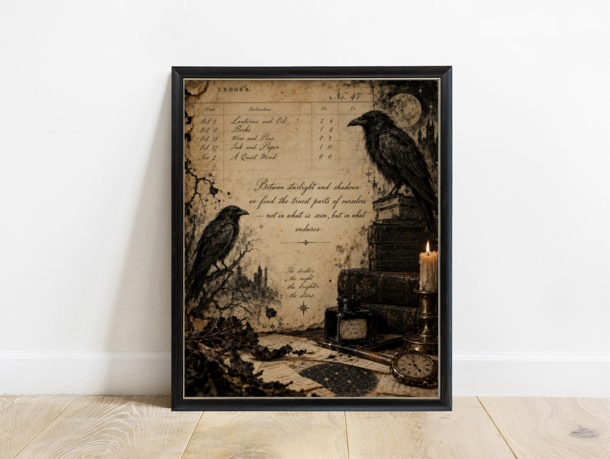 Two ravens with an old ledger page, books, candle and moon, dark academia print in a black frame