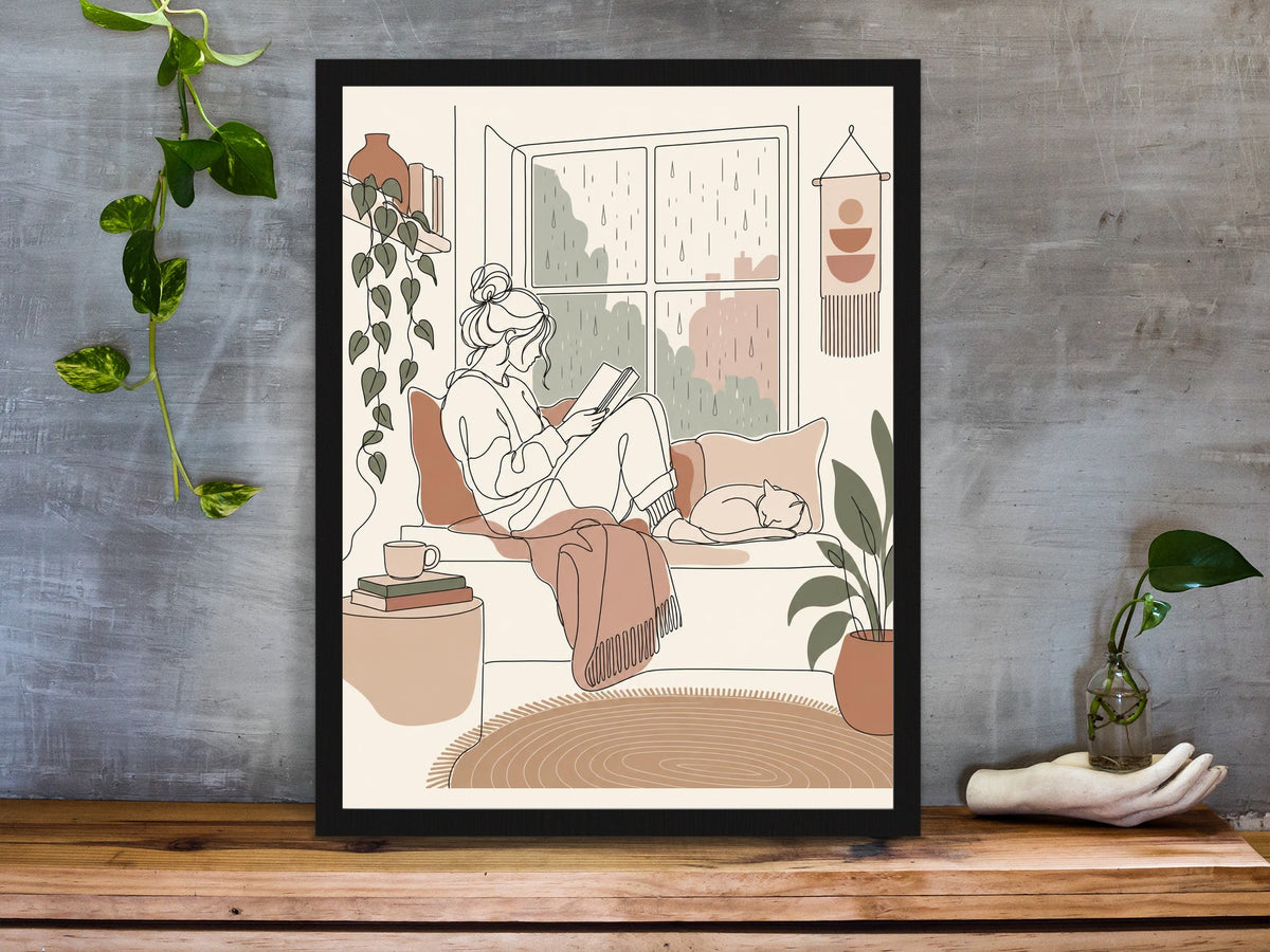 Woman reading in a window seat on a rainy day, line art print framed on a desk