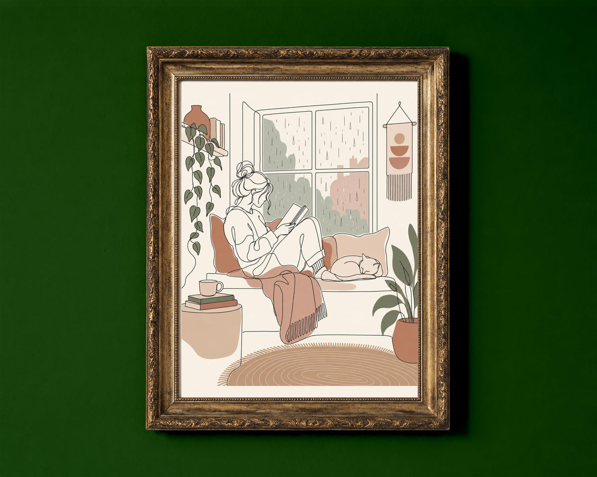 Woman reading in a window seat on a rainy day, line art print shown in a gold frame for display only; framed prints are sent in a black frame