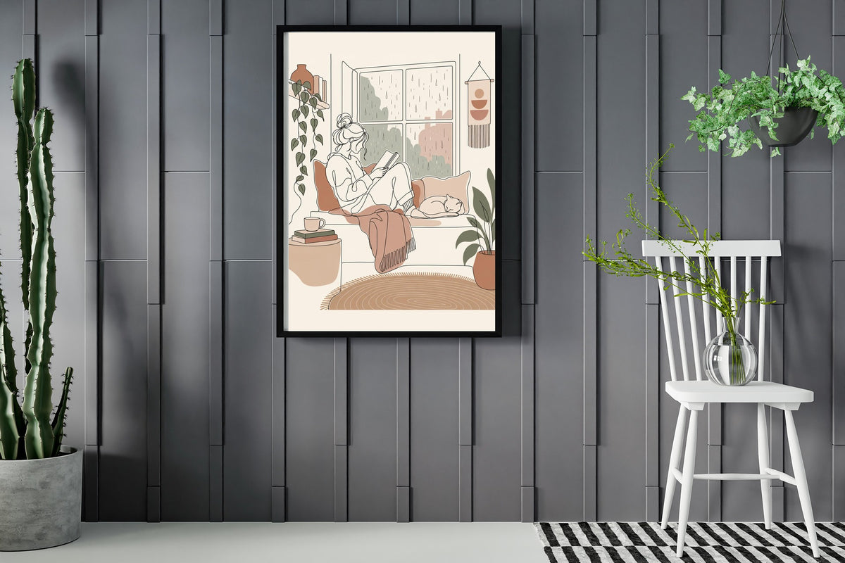 Woman reading in a window seat on a rainy day, line art print framed in a room with plants