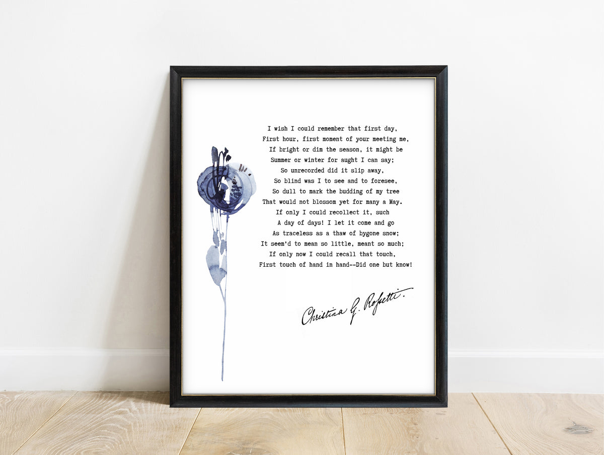 Christina Rossetti I wish I could remember poem print with blue watercolour flower, in a black frame
