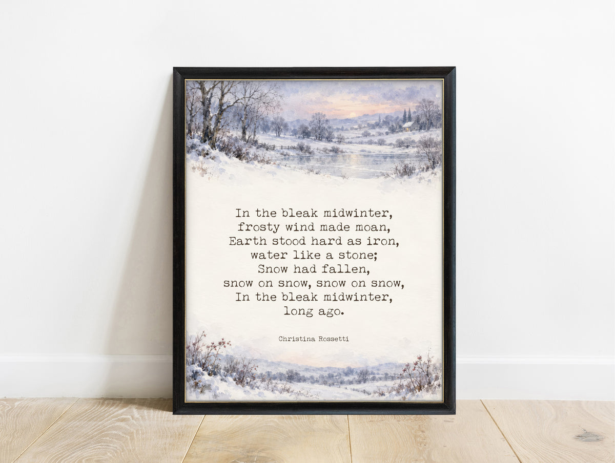 In the bleak midwinter first verse by Christina Rossetti between watercolour snowy landscapes, Christmas poetry print in a black frame