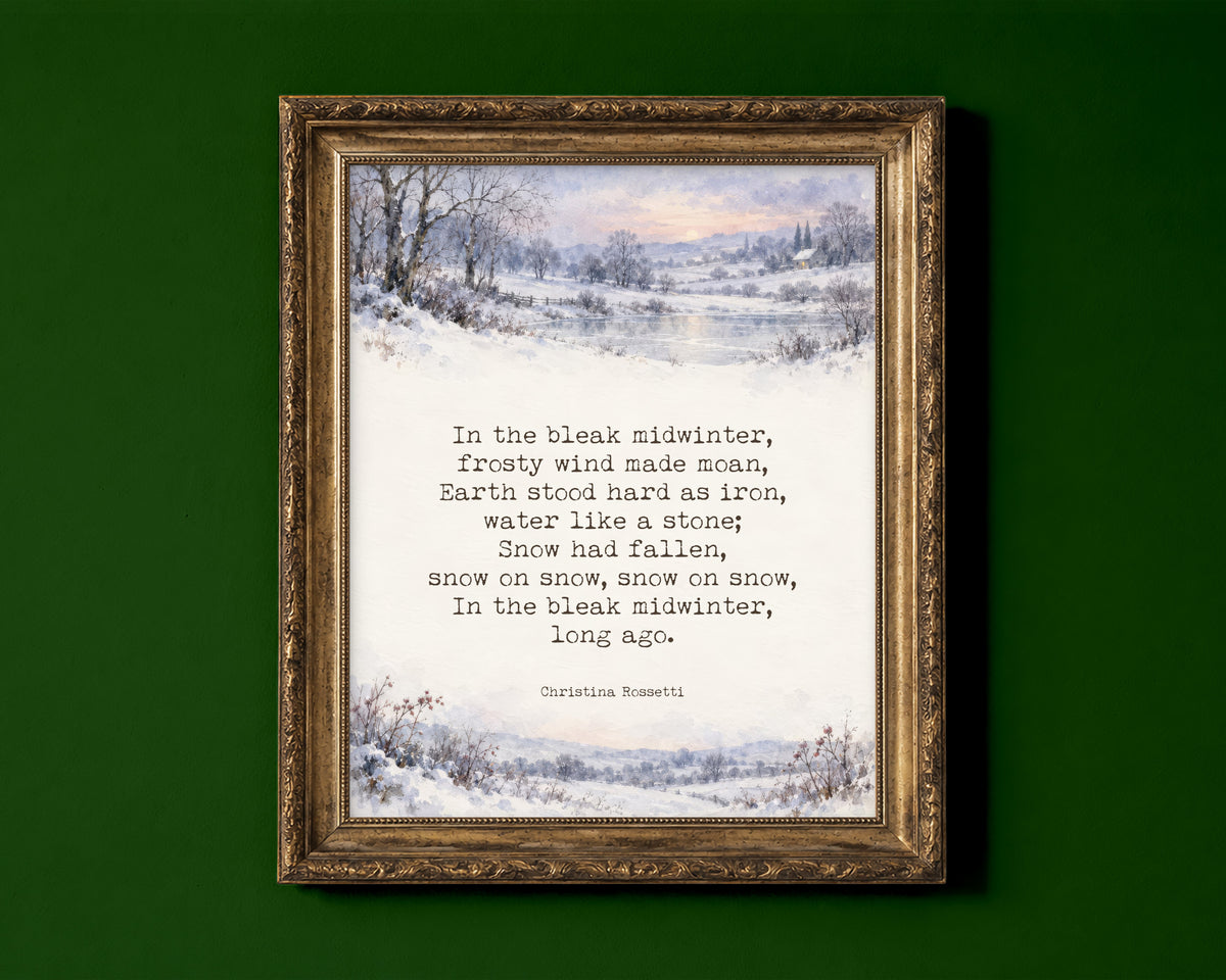 In the bleak midwinter first verse by Christina Rossetti between watercolour snowy landscapes, Christmas poetry print shown in a gold frame for display only; framed prints are sent in a black frame
