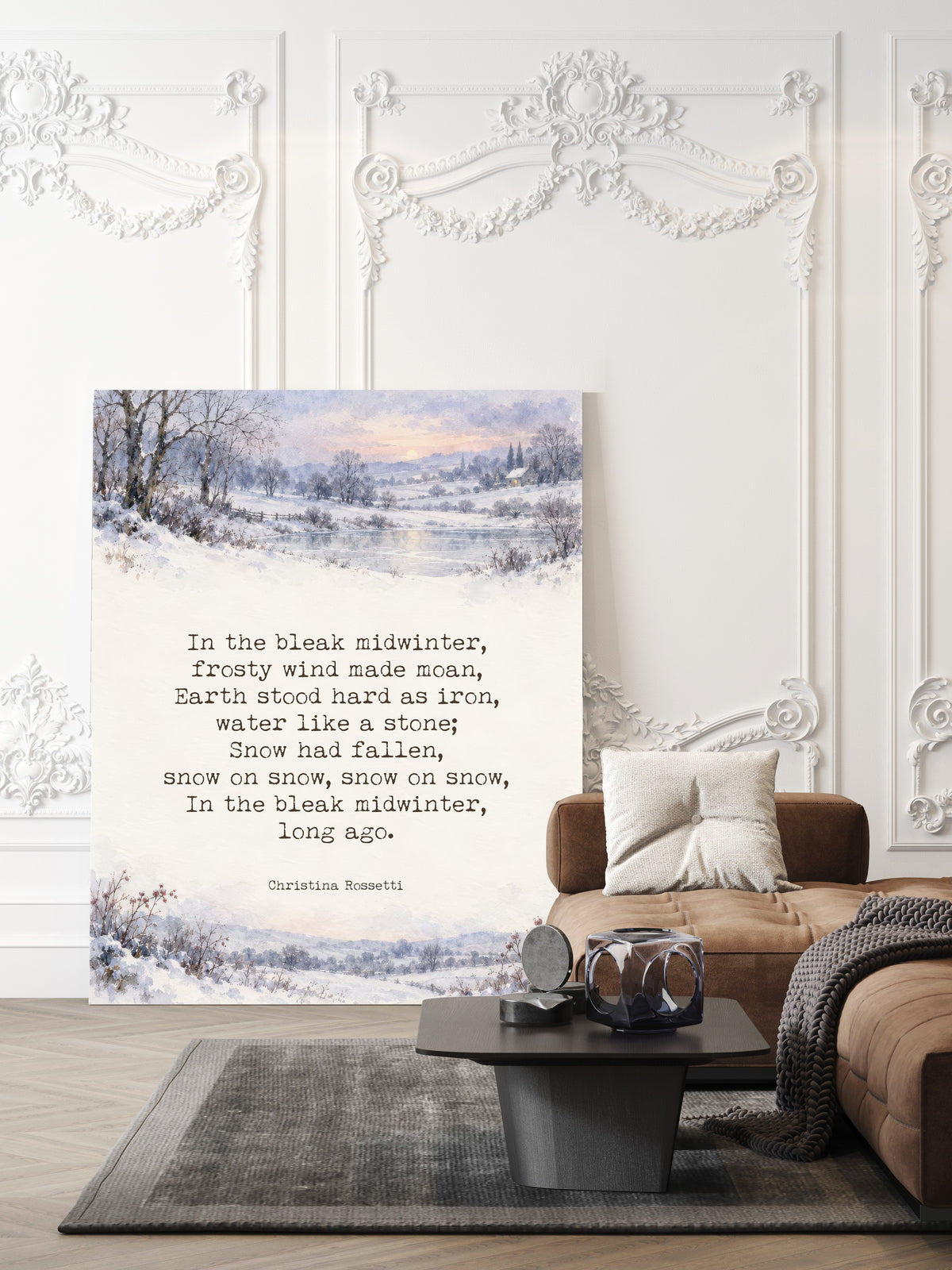 In the bleak midwinter first verse by Christina Rossetti between watercolour snowy landscapes, Christmas poetry print shown unframed in a living room