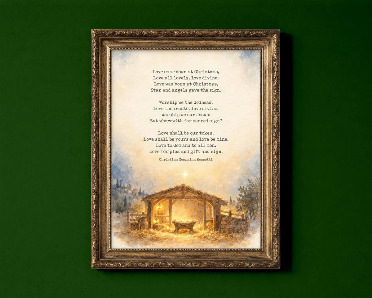 Love Came Down at Christmas poem by Christina Rossetti above a watercolour nativity stable with star, Christmas print shown in a gold frame for display only; framed prints are sent in a black frame