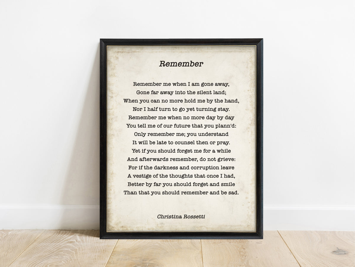 Christina Rossetti Remember sonnet print in a black frame, vintage background