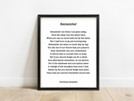 Christina Rossetti Remember sonnet print in a black frame, white background