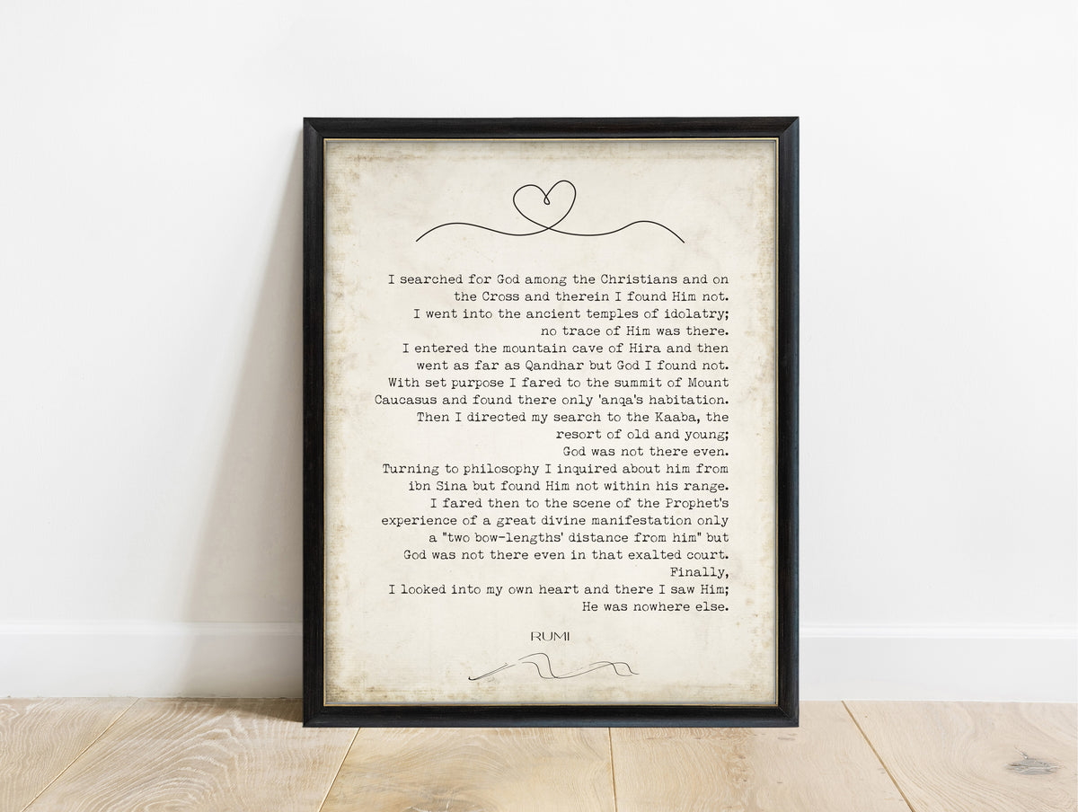 Rumi I Searched for God poem print in a black frame, vintage background