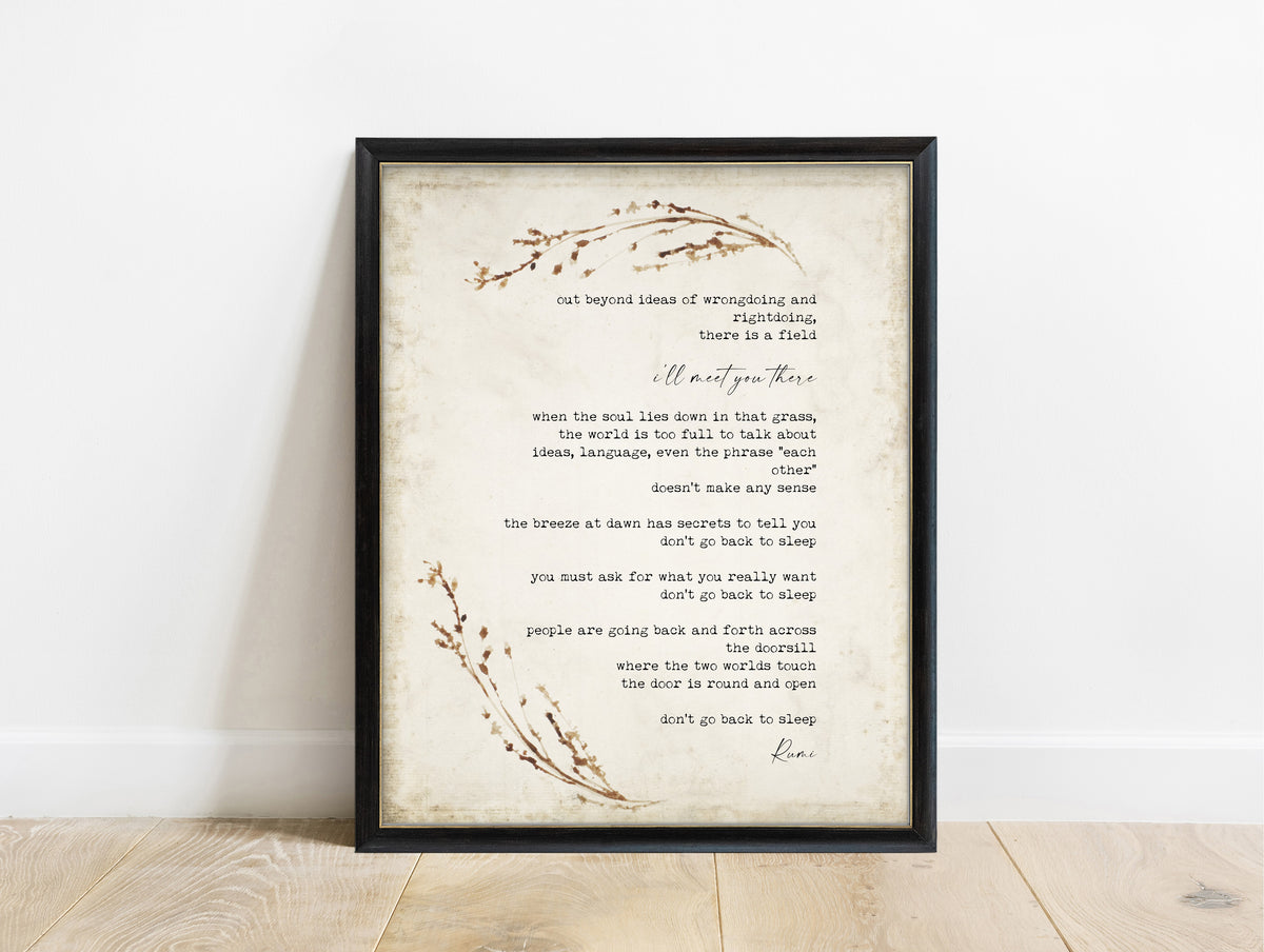 Rumi Out Beyond Ideas poem with watercolour grasses print in a black frame, vintage background