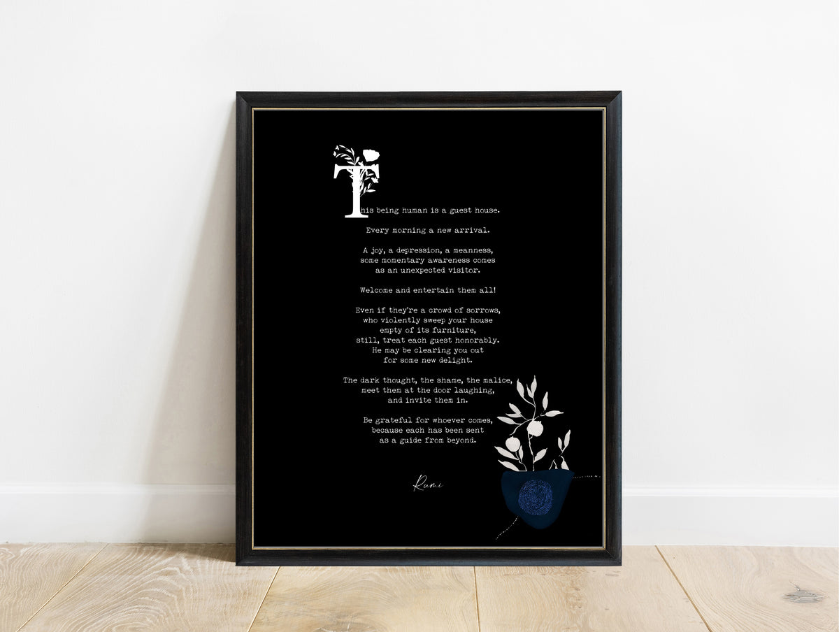 Rumi The Guest House poem with plant illustrations print in a black frame, black background