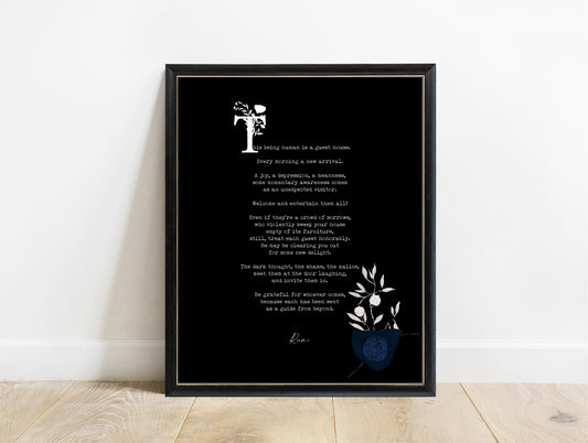 Rumi The Guest House poem with plant illustrations print in a black frame, black background