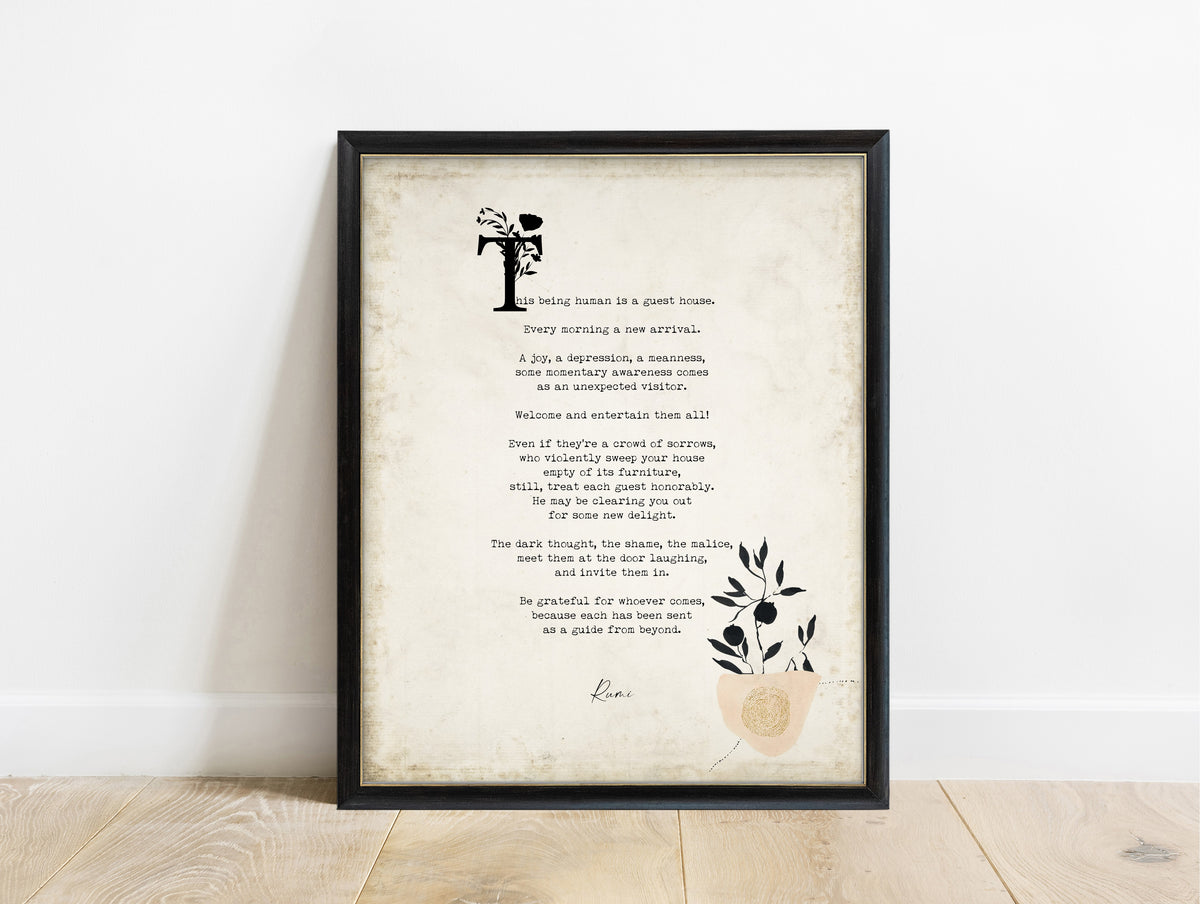 Rumi The Guest House poem with plant illustrations print in a black frame, vintage background