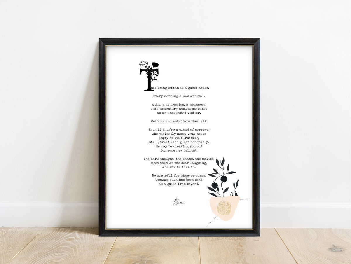 Rumi The Guest House poem with plant illustrations print in a black frame, white background