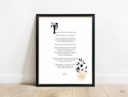 Rumi The Guest House poem with plant illustrations print in a black frame, white background