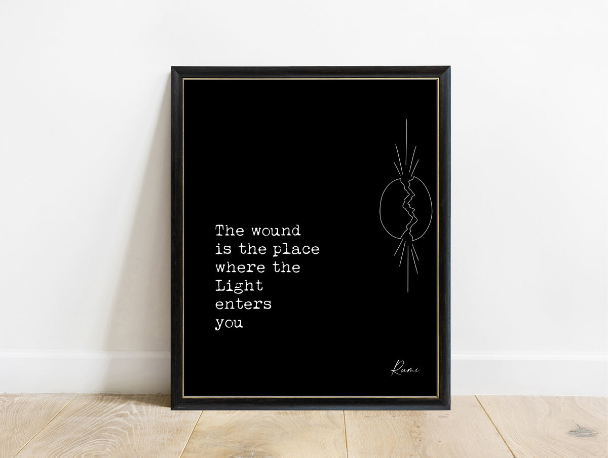 Rumi The wound is the place where the Light enters you quote print with a line art cracked oval and light breaking through, black background, in a black frame