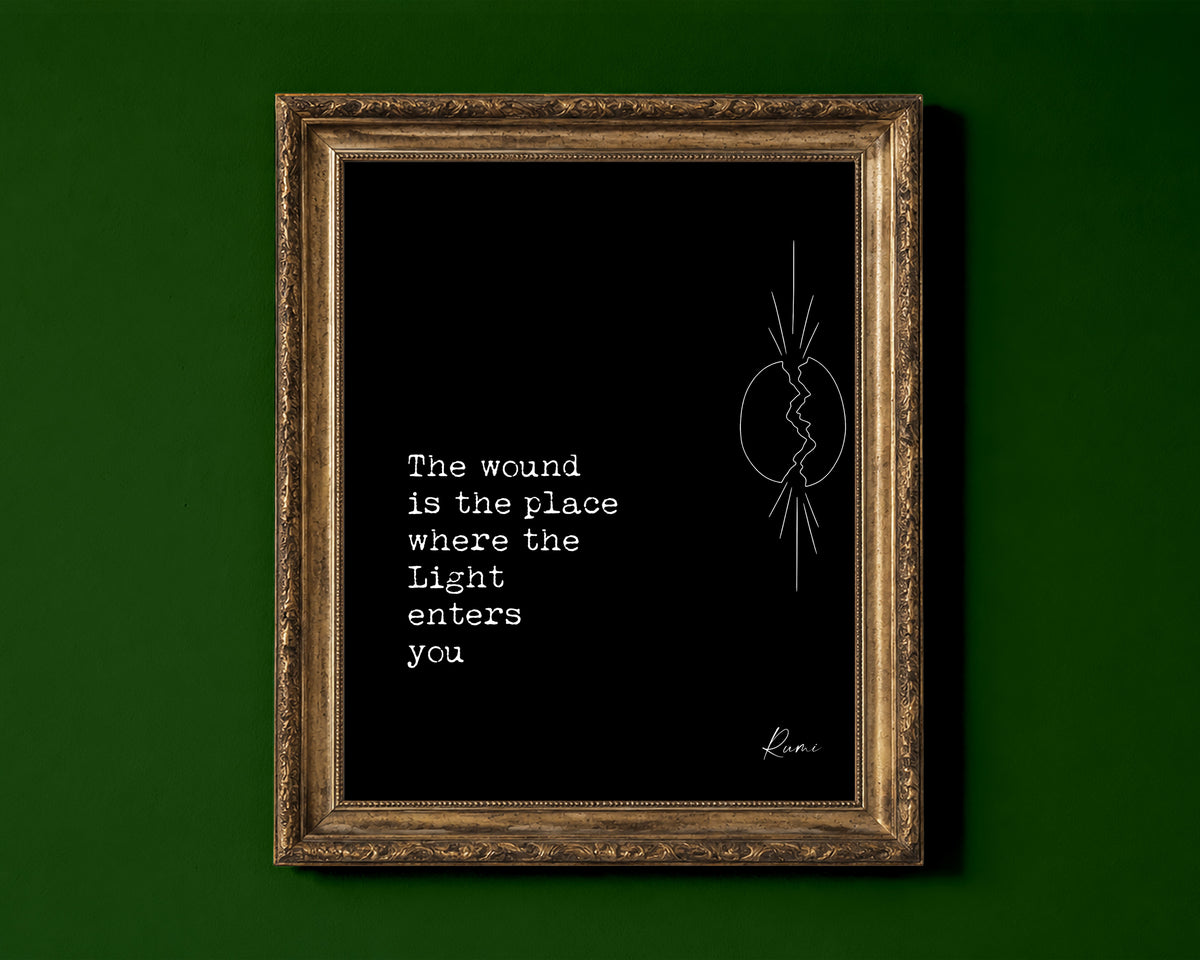 Rumi The wound is the place where the Light enters you quote print with a line art cracked oval and light breaking through, black background, shown in a gold frame for display only; framed prints are sent in a black frame