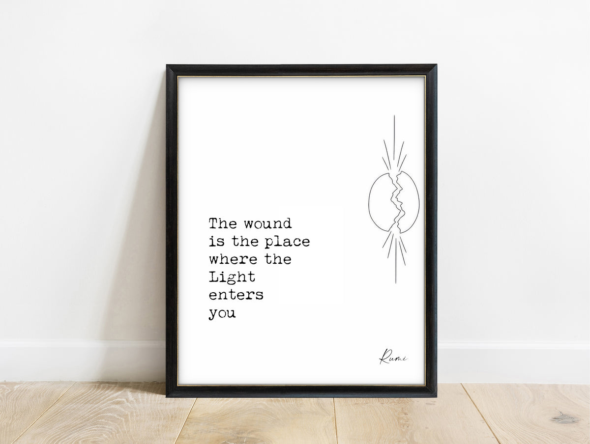 Rumi The wound is the place where the Light enters you quote print with a line art cracked oval and light breaking through, white background, in a black frame
