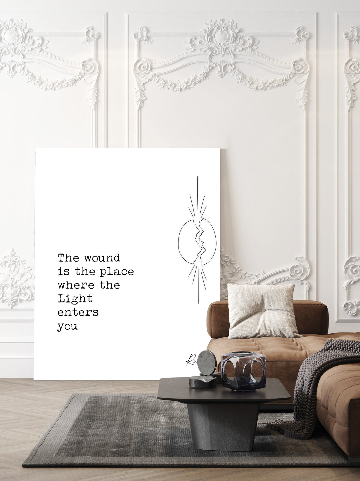 Rumi The wound is the place where the Light enters you quote print with a line art cracked oval and light breaking through, white background, shown unframed in a living room