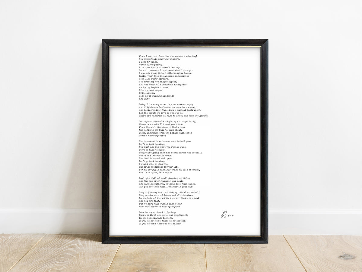 Rumi A Great Wagon full poem print in a black frame, white background