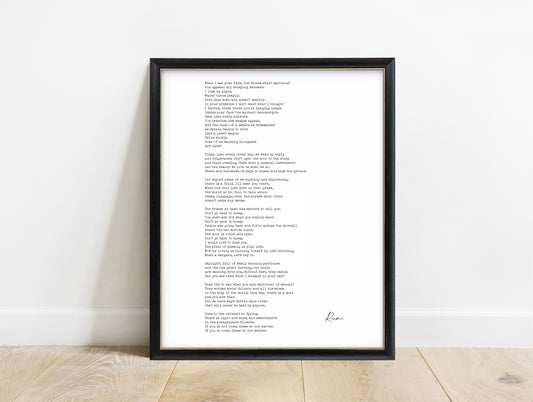 Rumi A Great Wagon full poem print in a black frame, white background