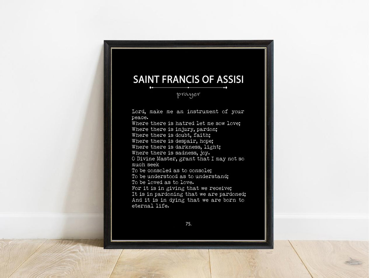 Saint Francis of Assisi prayer book page print in a black frame, black background